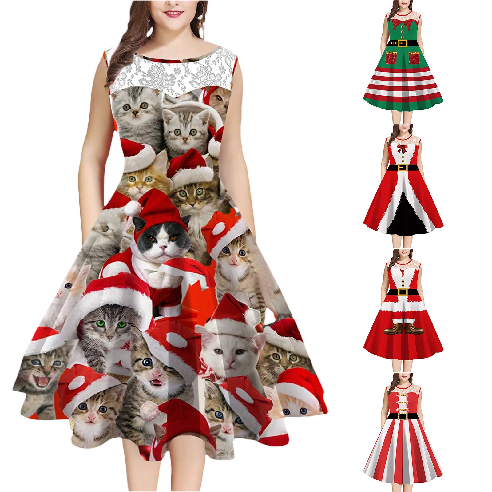 

Christmas Dress for Women Pattern Lace Sleeveless Round Neck Midi Dress for Holiday Party