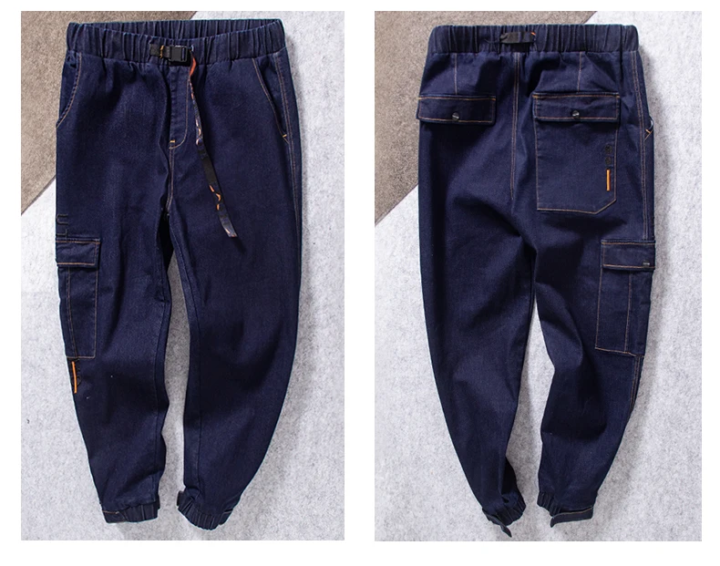 Джинсы мужские прямые с множеством карманов уличная одежда простые синие