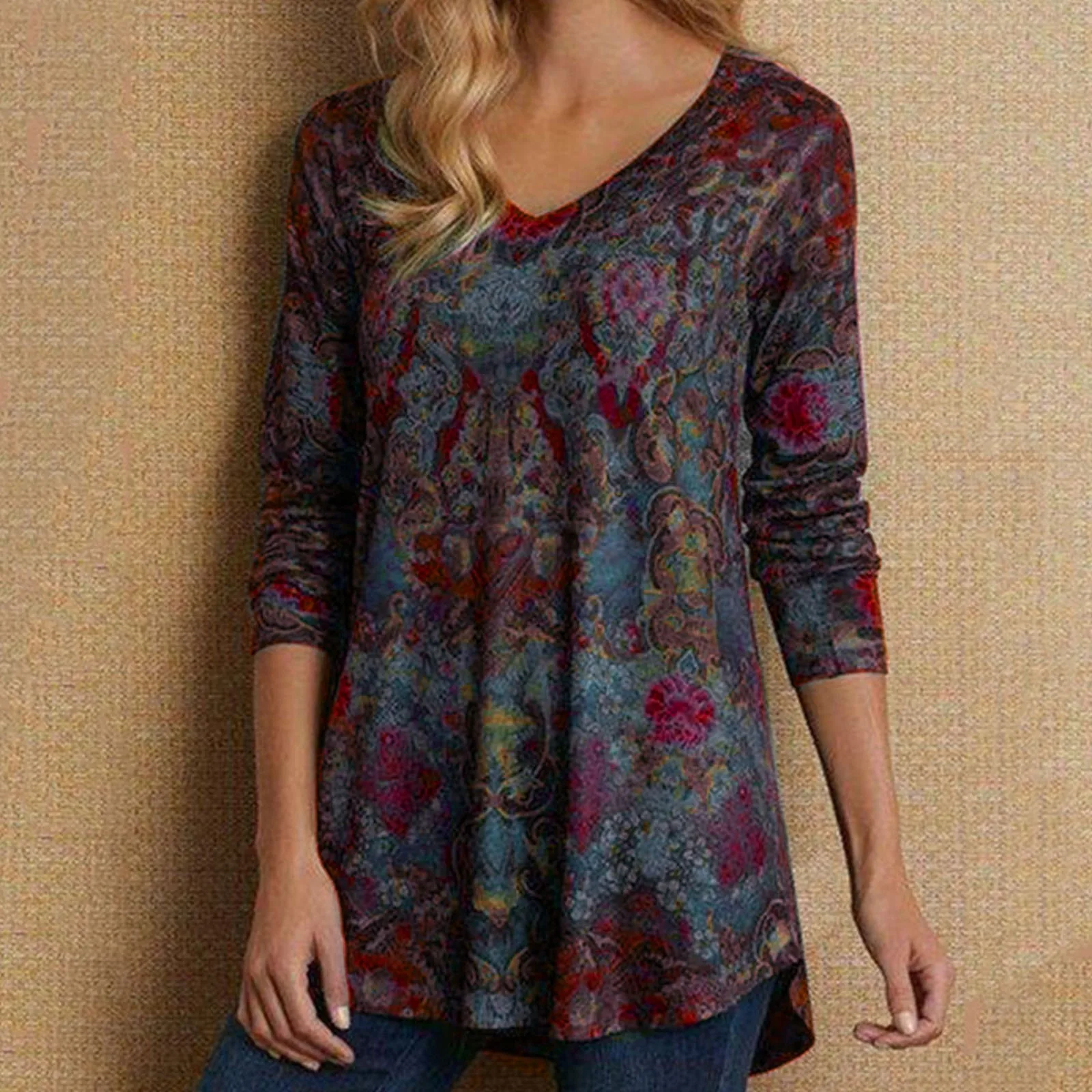 Женские винтажные футболки Feitong с V-образным вырезом повседневные топы длинным