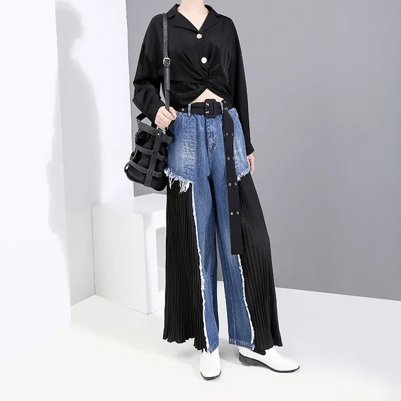 

Wide Leg Pants Jeans Women Loose Ankle Length Points Trousers Ladies Fashion Patchwork Jeans Spring Autumn Pleated Denim Pants