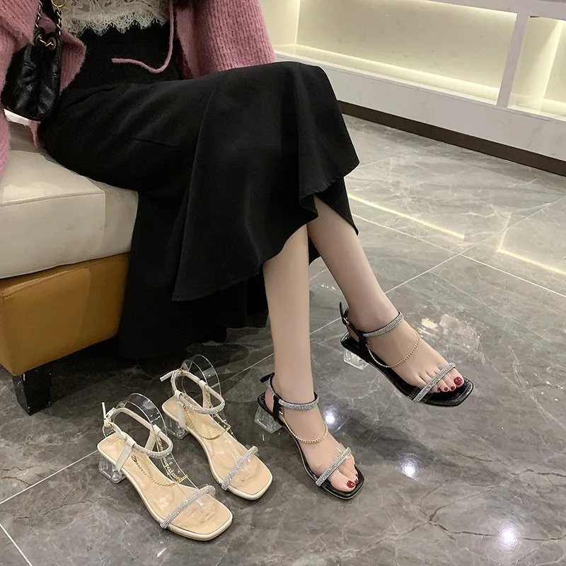 

Med High Heel Sandal for Women Buckle Shoes Lady 2021 Espadrilles Platform Suit Female Beige Medium High-heeled New Strap Summer