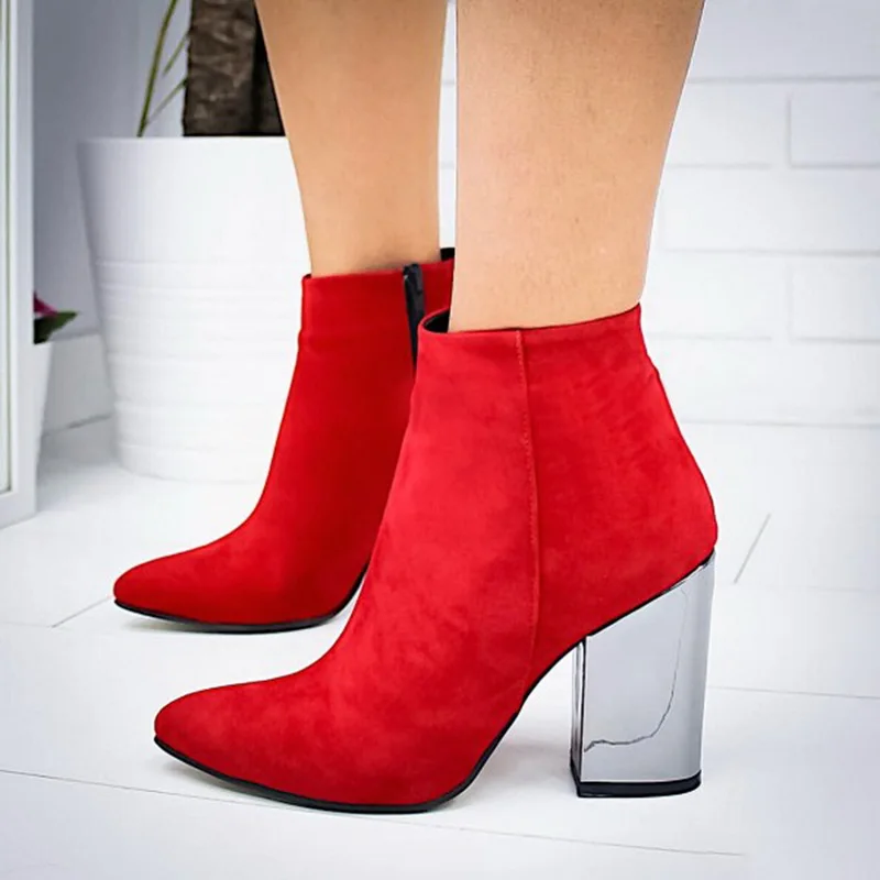 

Ankle Boots Women Thick High Heels Pointed Toe Western Cowboy Boots Female Green Red Blue Leather Shoes for Lady Autumn Size 43