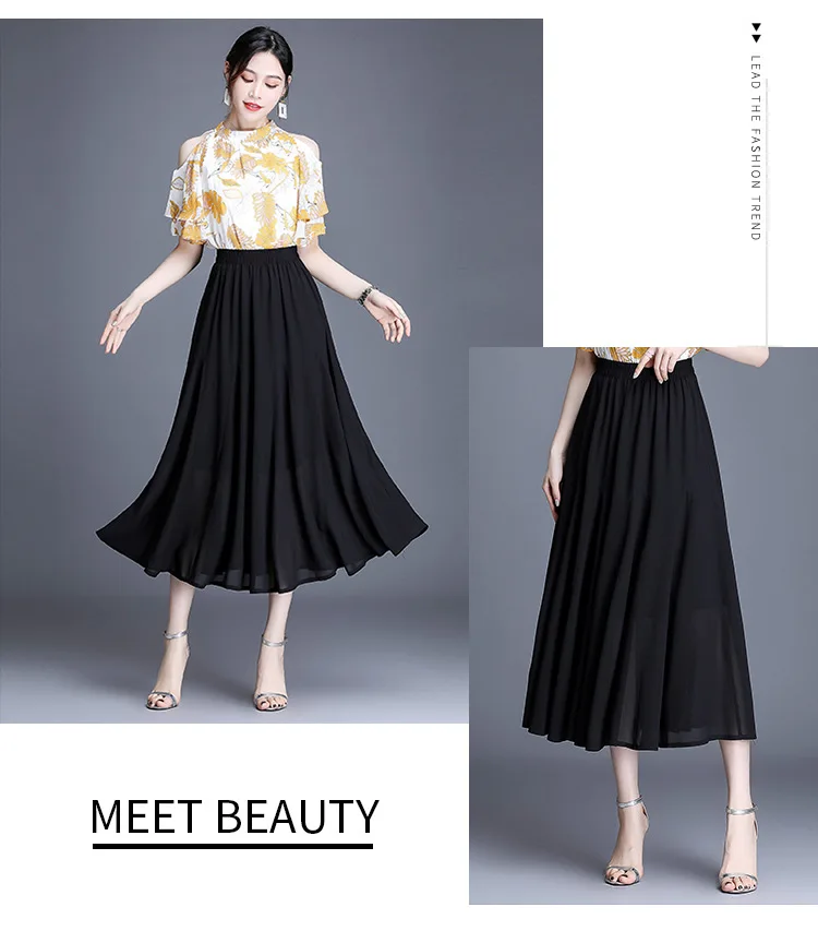 

Fashion Chiffon Dot Pleated Skirt Summer Women Elastic High Waist Loose Casual Big Swing Elegant Vintage Long Skirts 8272