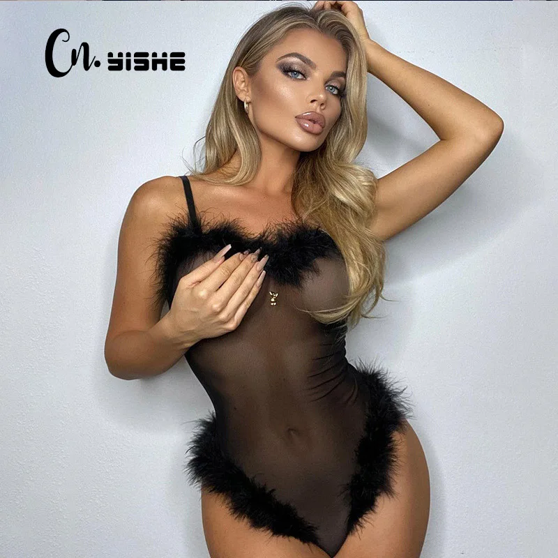 Соблазнительное прозрачное боди CNYISHE в стиле пэчворк с перьями женские сетчатые