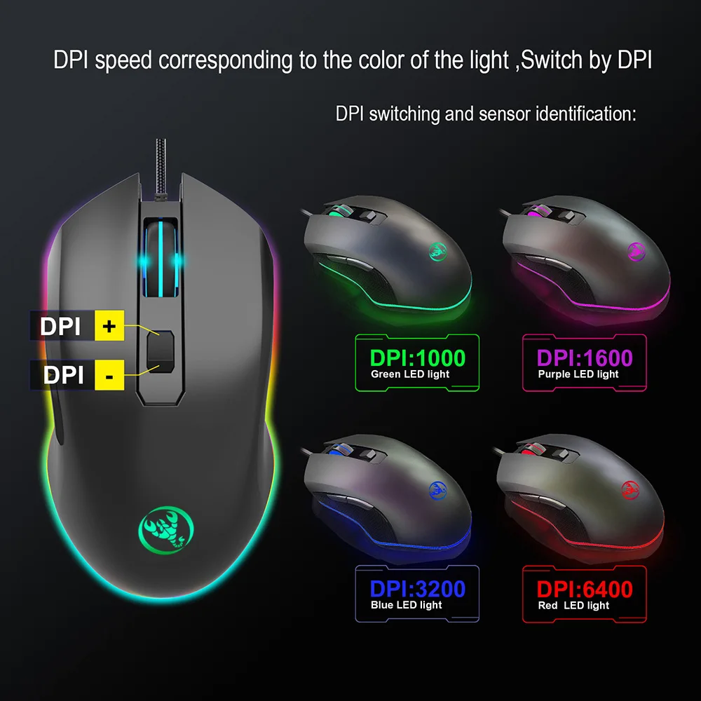 HXSJ Проводная игровая мышь DPI 6400 оптическая RGB с подсветкой офисная 7 кнопок