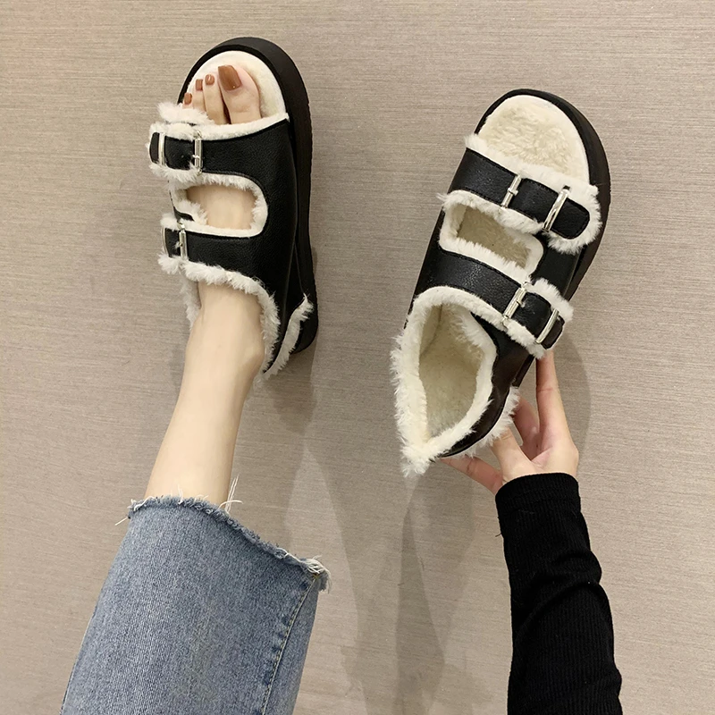 

Women Furry Fur Sandals Double Buckle Band Sandales Female Winter Leather Plush Fashion Shoes Thick Bottom Sandalias Mujer