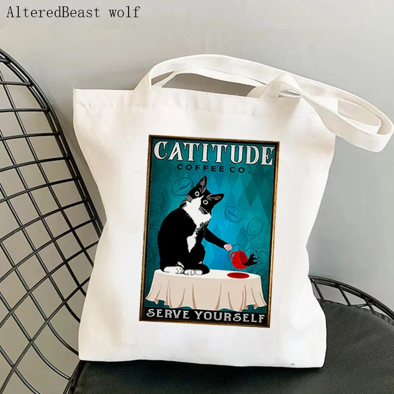 

Women Shopper bag CAT CATTITUDE SERVE YOURSELF Bag Harajuku Shopping Canvas Shopper Bag girl handbag Tote Shoulder Lady Bag