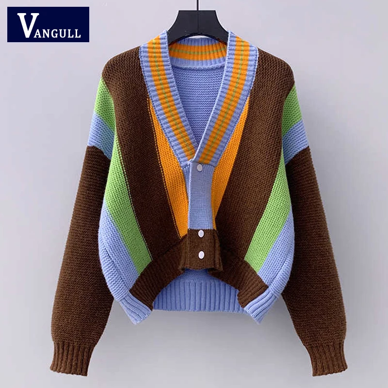 

Vangull Short Women Sweater Knitted Cardigan Hit Color Long Sleeve V-neck Loose Sweater Wild Casual 2021 Autumn Fashion Cardigan