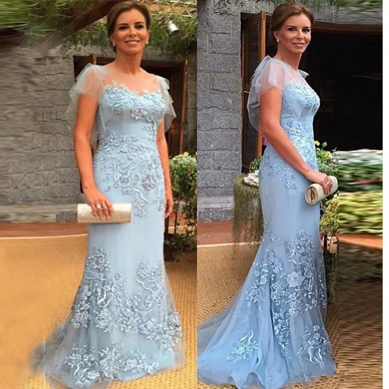 

Long Elegant Mother of the Bride Dress Sky Blue Lace Appliques Sexy Mermaid Sheer Neck Short Sleeve Wedding Guest Vestidos