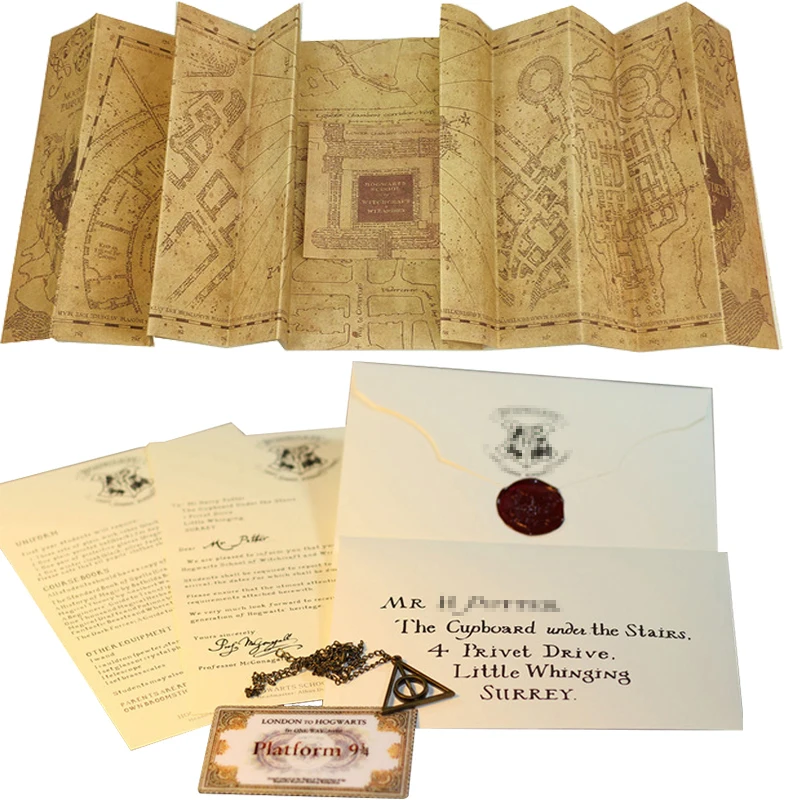 

Cosplay Potters The Marauder's Map Wizard School Acceptance Letter Platform Express 9 3/4 Ticket Deathly Hallows Necklace