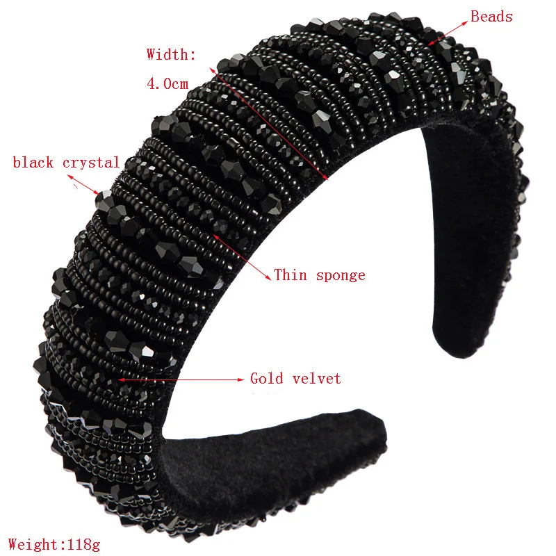 

Handmade Black Crystal Headband 2020 Women Beaded Sponge Inlaid Black Crystal Headband Luxurious Golden Velvet Party Accessories