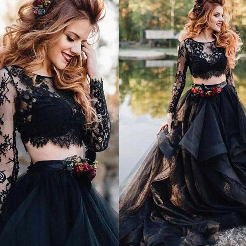 

Женское ТРАПЕЦИЕВИДНОЕ свадебное платье, черное платье из двух частей с длинным кружевным рукавом, недорогие свадебные платья по индивидуа...