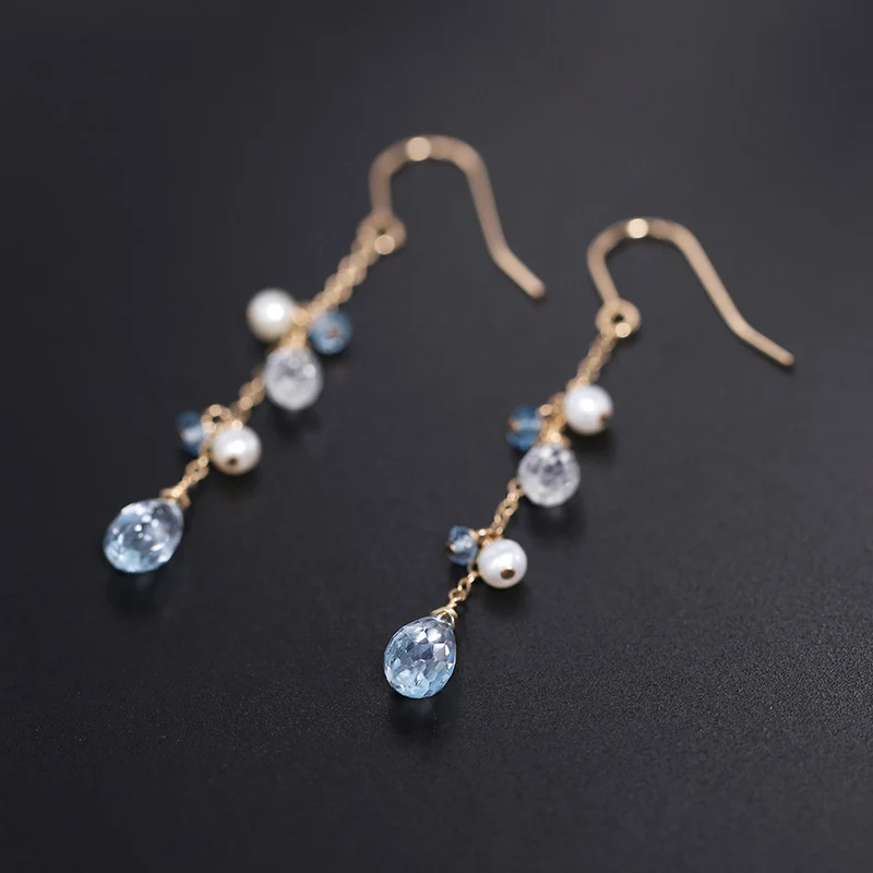 

DAIMI GEMSTONES Sky Blue Topaz Tassel Earrings Female Genuine Yellow 14k Gold Filled Pearl Earrings