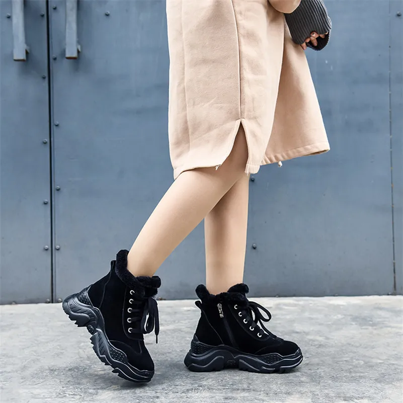 

Meotina Winter Ankle Boots Women Natural Genuine Leather Flat Platform Short Boots Zipper Round Toe Shoes Ladies Autumn Size 39