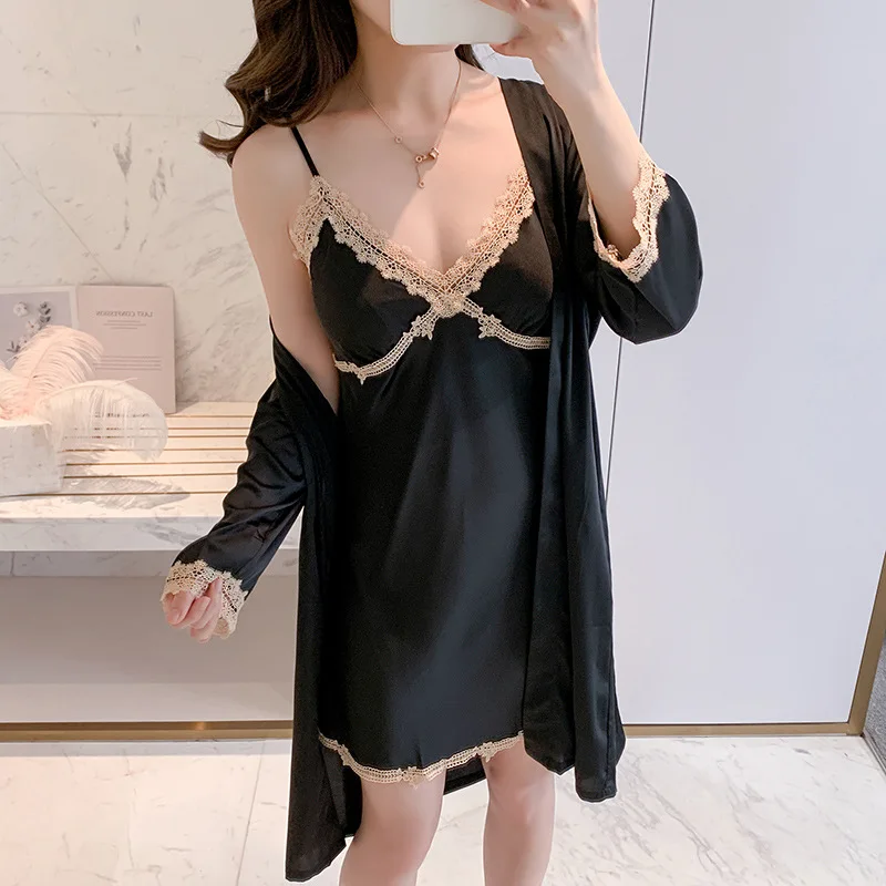 

Cross Lace Casual Bathrobe Gown Sexy Short Sleepwear 2PCS Kimono Robe Set Women Satin Nightwear Novelty Intimate Lingerie
