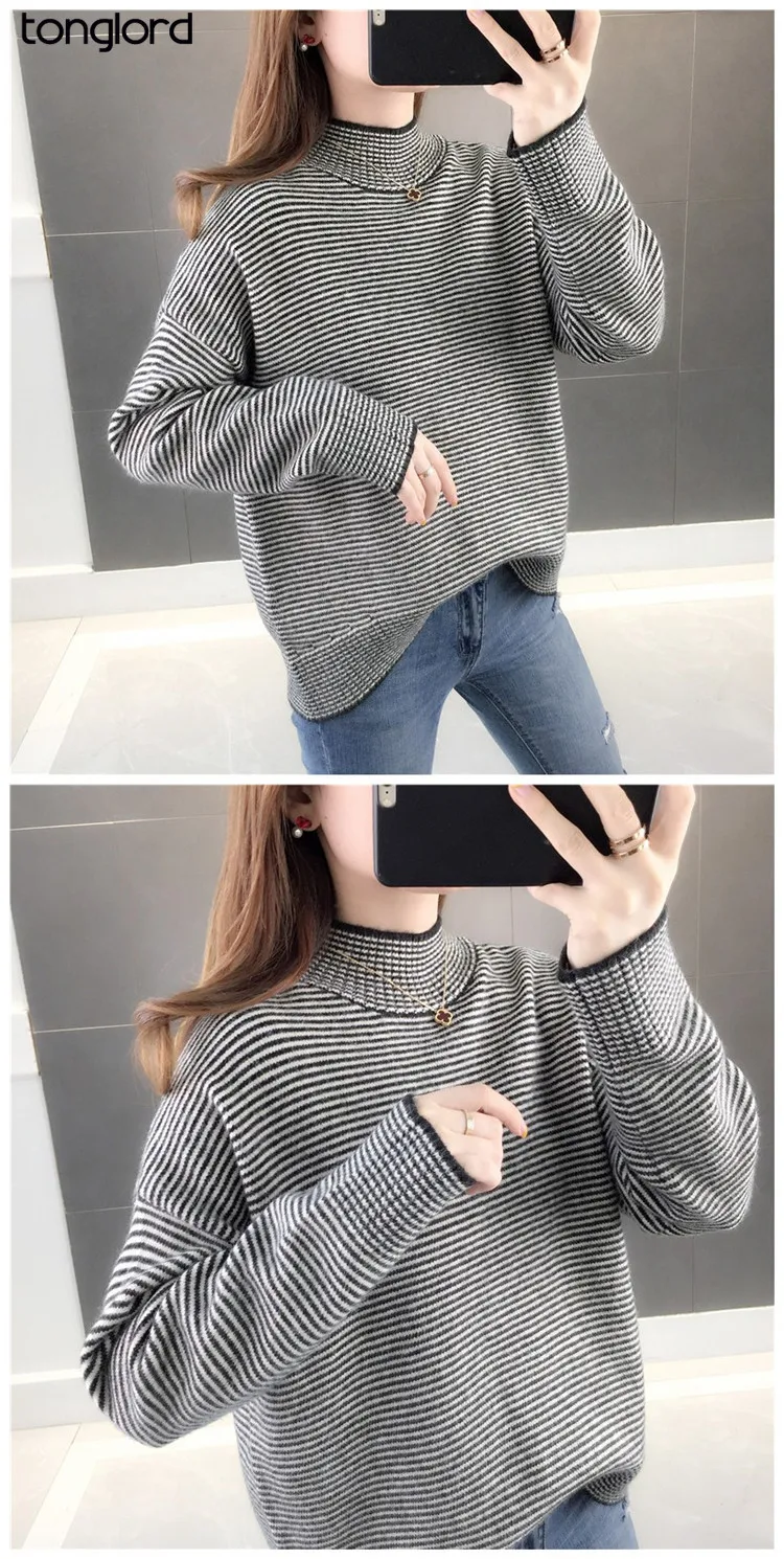 

Tonglord Half Turtleneck Bottoming Shirt Female Autumn and Winter Latest Sweater Loose Loose Stripes Pullover Sweater Student