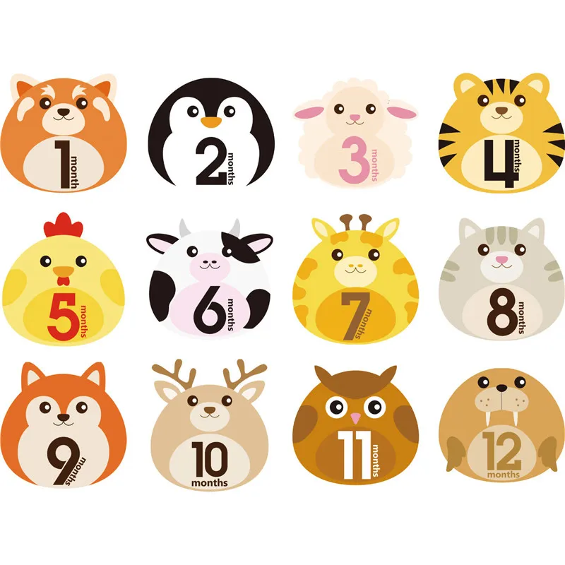 

12 Pcs/Set Animal First Year Monthly Milestone Photo Sharing Baby Cards Gift Belly Stickers 1-12 Months for Baby Photo Keepsakes