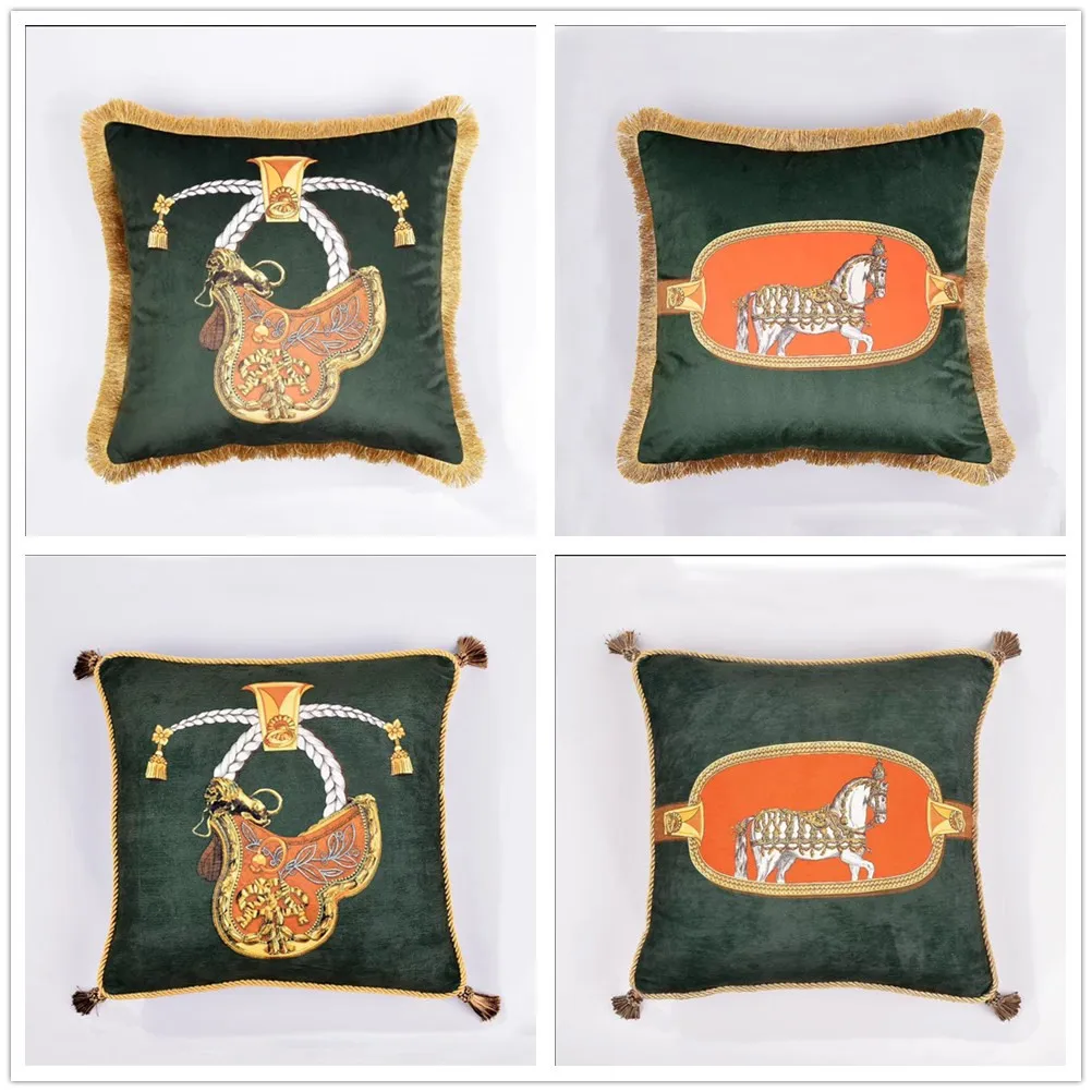 

Luxury Fashion Green Velvet Chenille Tassel Cushion Cover Printed Pillow Cover Pillowcase Home Decorative Sofa Seat Throw Pillow