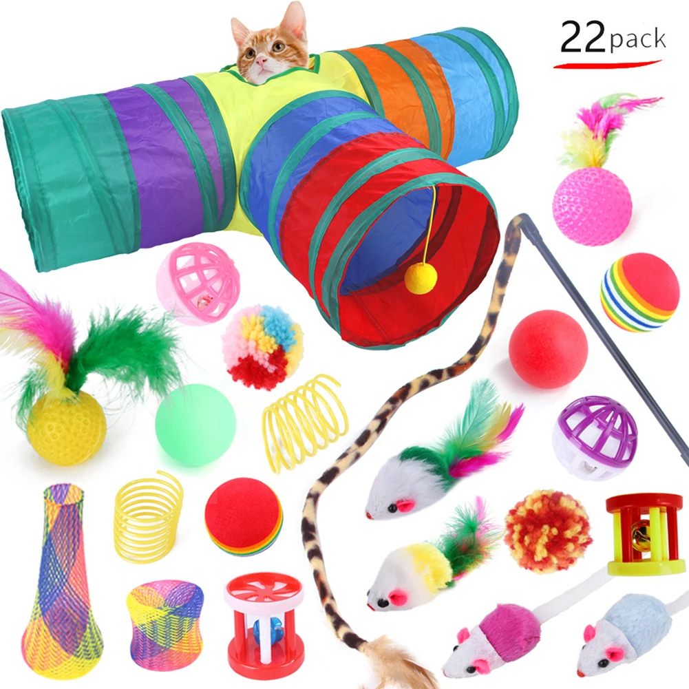 

21/22Pcs Cat Toy Interactive Accessories Kit Rainbow Tunnel Funny Cat Stick Ring Ball Mice Animal Pet Supplies Cat Treat Toy Set