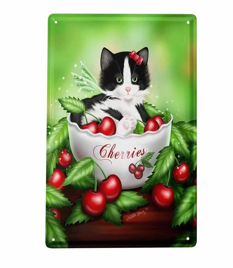 

Черно-белый котенок в чаше вишни жестяной знак Декоративный Знак Домашний декор кухонные настенные таблички Украшение кошки металлическая...