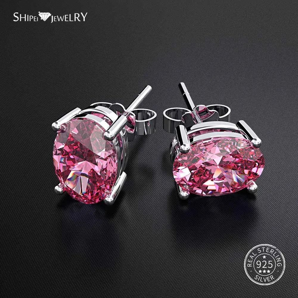 Pink Sapphire Shipei 925 пробы серебряные ювелирные изделия Сапфир Изумруд Рубин гипоаллергенные овальные серьги-гвоздики для женщин подарок на день рождения - Цвет камня: Pink Sapphire