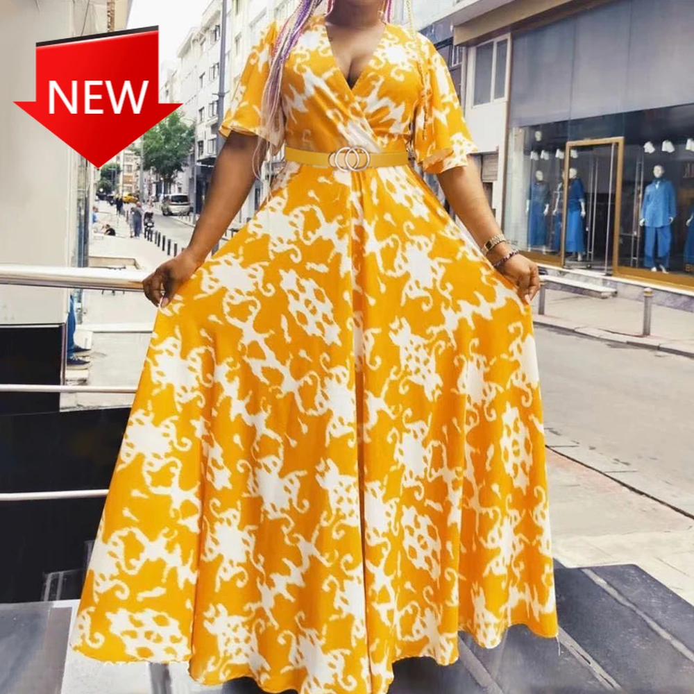 

Robe 2021 Spring Summer Long Dresses Short Sleeve Chiffon Clothes Ankara Attire African Print Party Dress Women Large Sizes