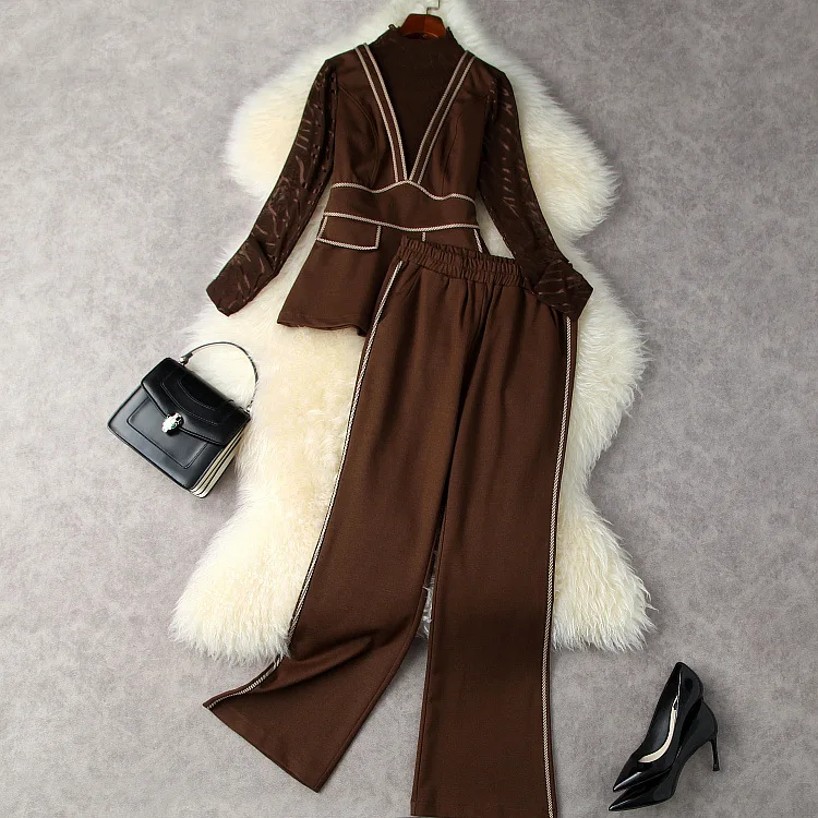 

European and American women's wear new autumn 2022 Long sleeve patchwork print blouse Loose waist and wide leg pants suits
