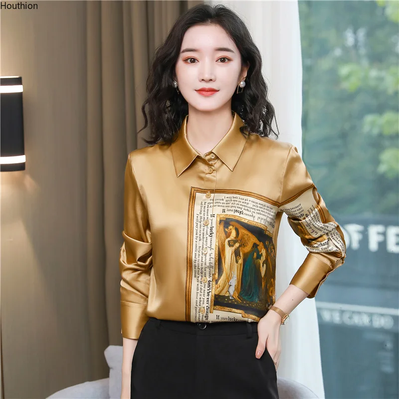 

Spring Long-sleeved Blouse The New Fashion Casual Shirt Lapel Wire Loose Button Regular Retro Printing Top Houthion