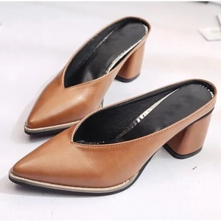 Женские мюли с заостренным носком квадратный каблук сланцы однотонные модные