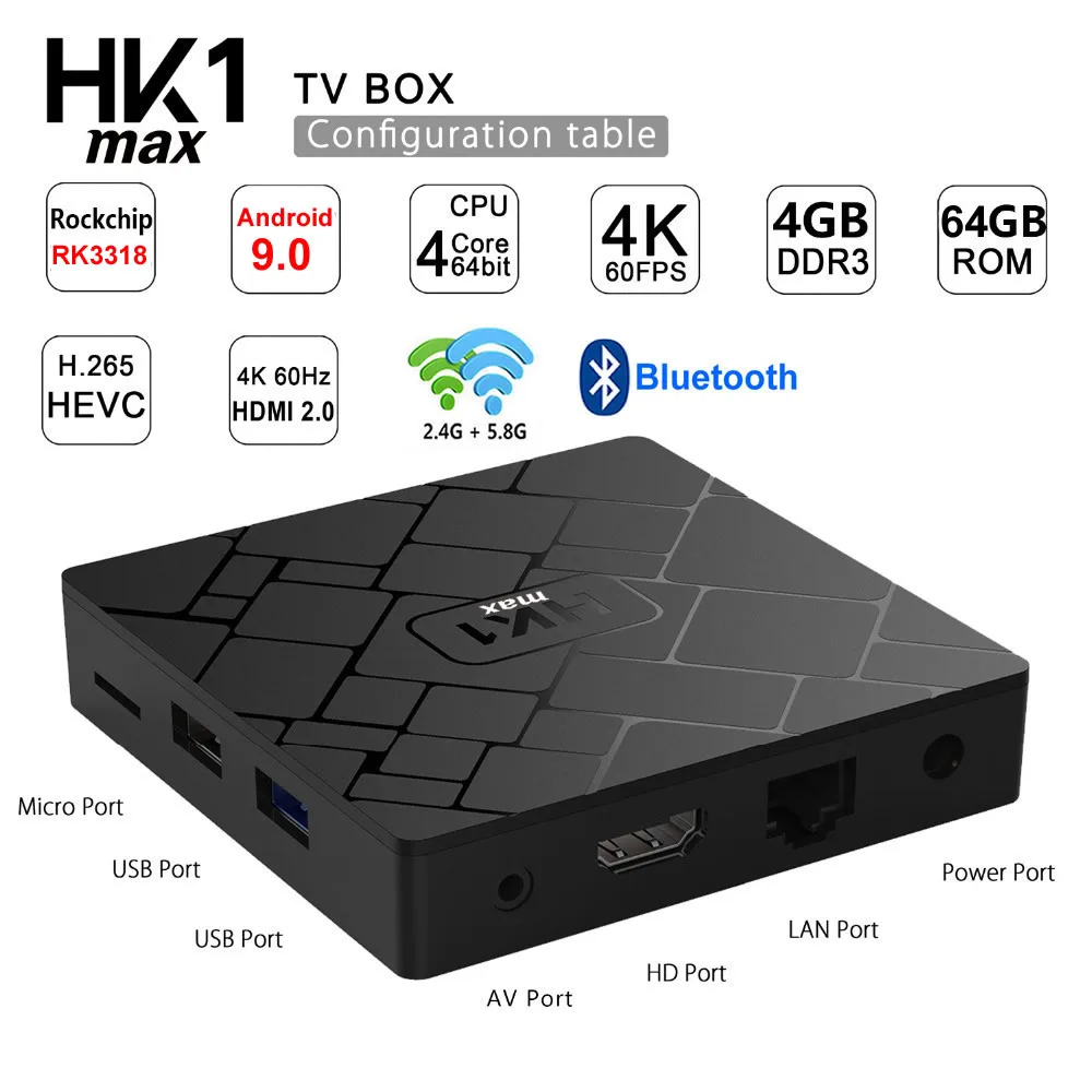 HK1 MAX Android 9,0 Smart tv BOX RK3318 Четырехъядерный 4 ГБ ОЗУ 64 Гб ПЗУ 2,4 ГБ/5 Гб двойной wifi Bluetooth 3D 4K HDR H.265 USB3.0 телеприставка