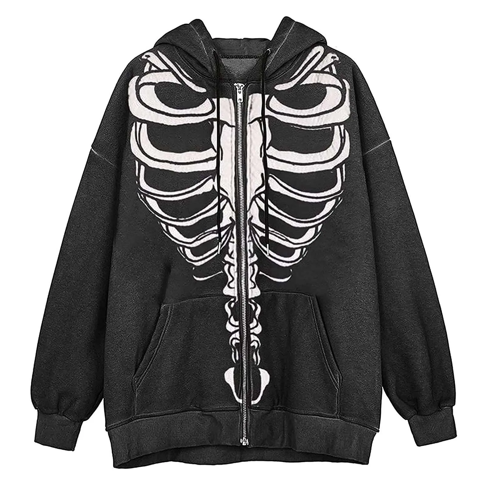 Zip-up Y2k Loose Skull Print Anime Goth Hooded Jacket Solid Color Retro Shirt Harajuku Korean Style Girltop Hoodies