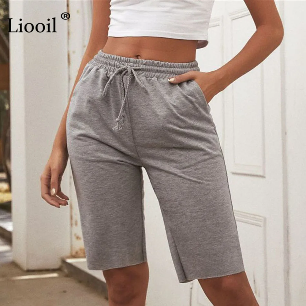 

Liooil Casual Loose Straight Pants Knee Length Trousers With Pockets Streetwear Drawstring High Waist Joggers Female Sweatpants