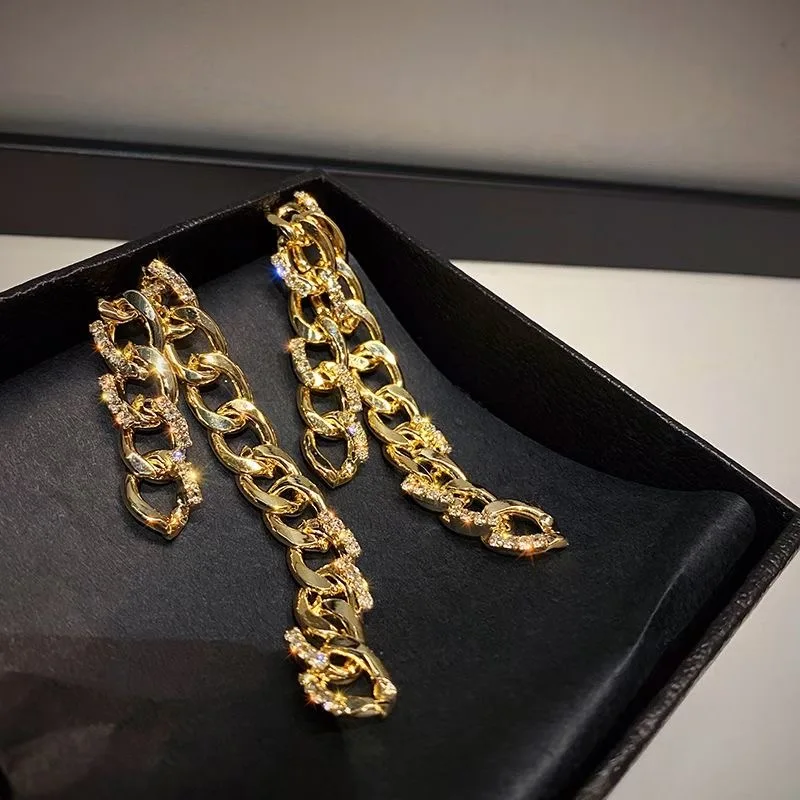 

Korea Cuba Bright Gold Color Exaggerated Metal Chain Drop Earring Retro Punk Chain Earrings Vintage Jewelry 2021