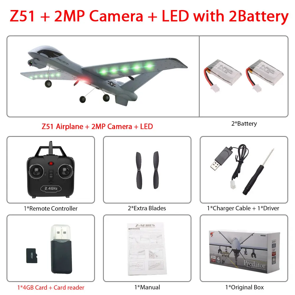 2MP-Led 2B color box Радиоуправляемый самолет Z51 из ЕПП-пены с HD камерой 2 Мп или без камеры, 20 минут в полете - Цвет: 2MP-Led 2B color box