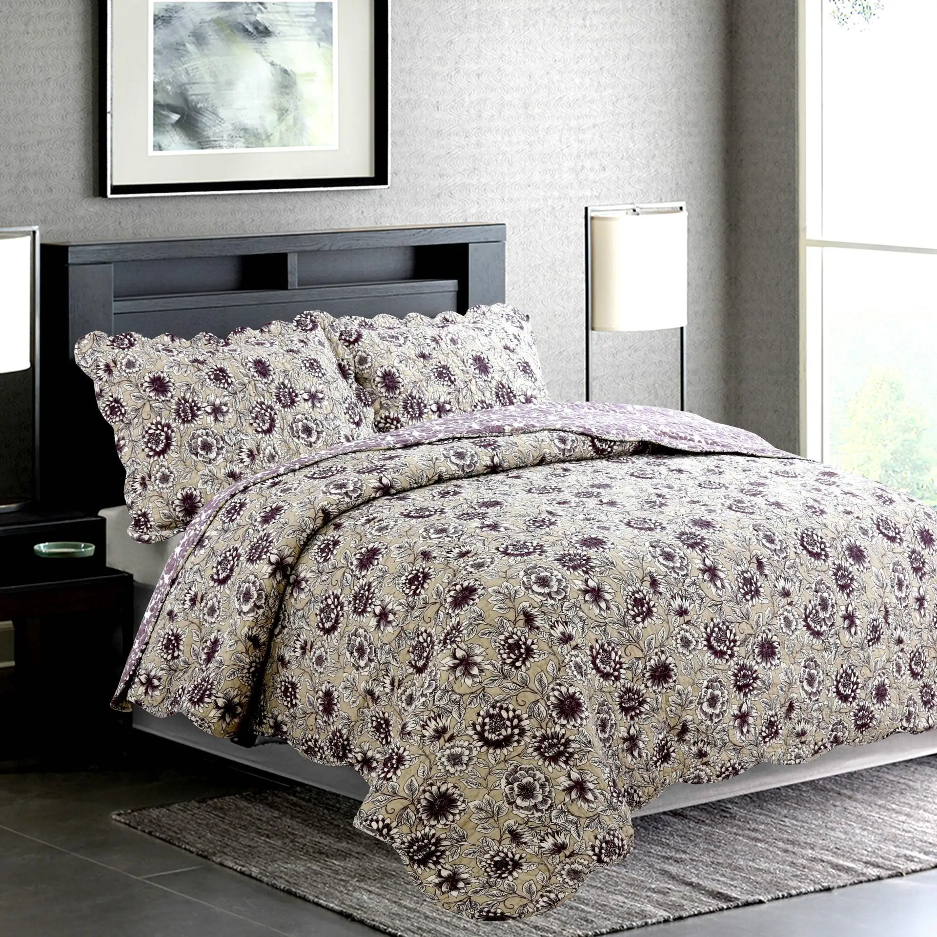 

Vibrant Blossom Floral printed 100% Cotton Reversible Bedspread set, 3Pieces Queen size Bedspread Coverlet Pillow shams