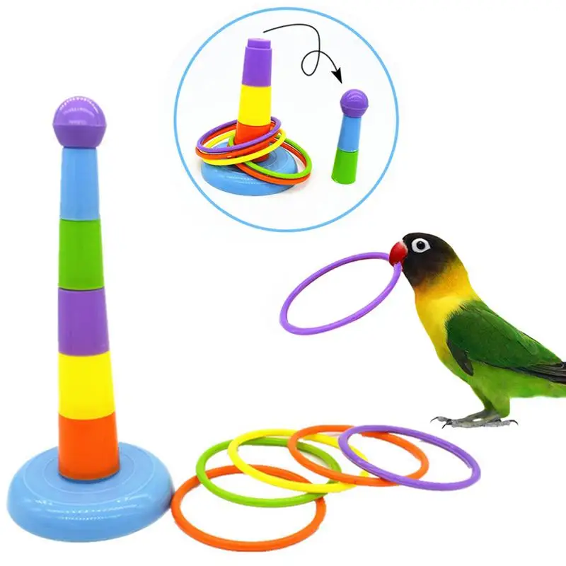 

Creative Bird Toys Set Adjustable Height Bird Toss Ring Toy Interactive Parrot Intelligence Training Plastic Rings Parakeet Toys