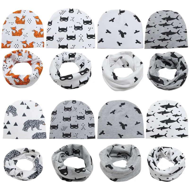 Baby Hat 2019 Winter Newborn New Boomer Cap Pullover Animal Print Children's + Bib Set Kids Hats | Детская одежда и обувь