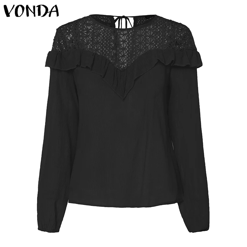 Black 2 VONDA/хлопковые топы с рукавами-колокольчиками, сексуальные белые блузки с круглым вырезом, женские повседневные свободные рубашки, белая хлопковая туника для женщин размера плюс S-5XL - Цвет: Black 2
