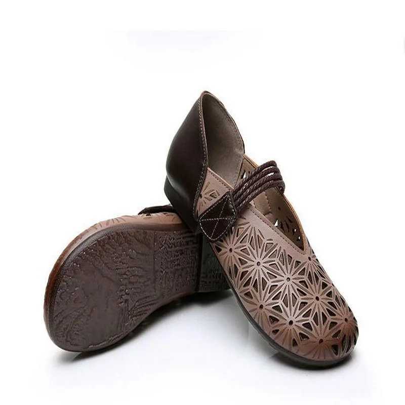 2021 New Genuine Leather Summer Shoes Woman Flats Hollow Hole Breathable Hook&Loop Casual Flat Shoes Comfortable Women Shoes