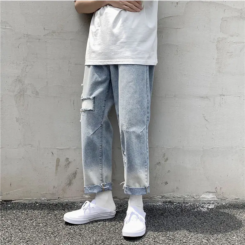 

Patch jeans men's 9-point straight tube loose casual summer thin Hong Kong Style hairline drop feeling wide leg daddy pants