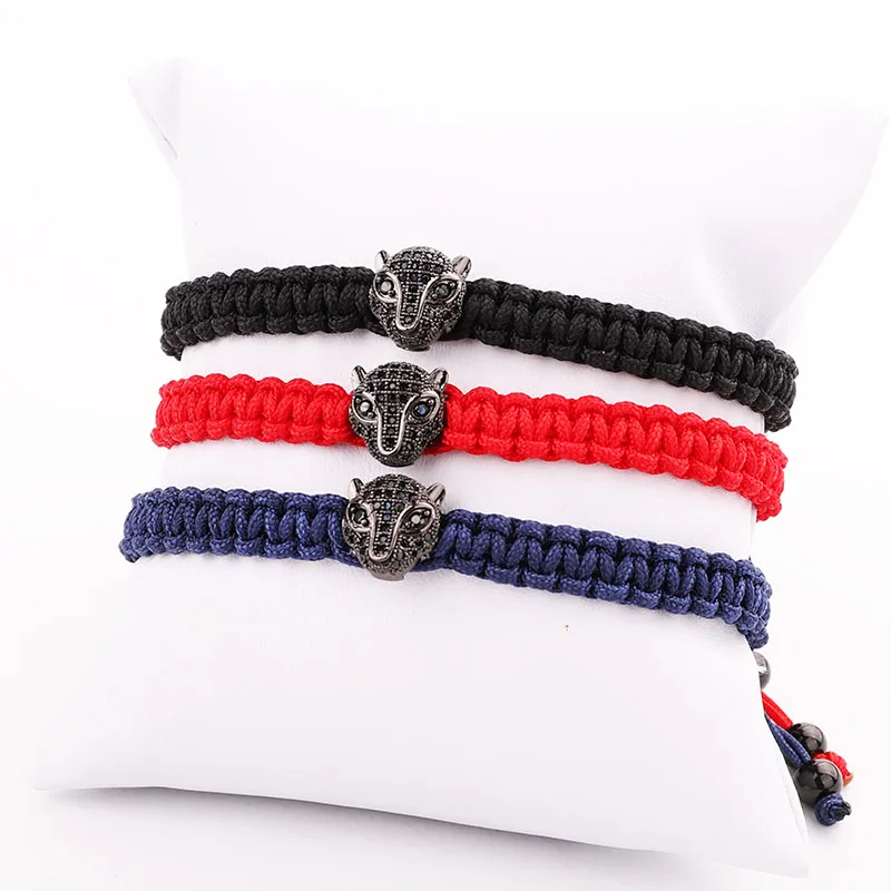 

New CZ Pave Cute Leopard Charm Cord Braided Friendship Men Bracelet Gift