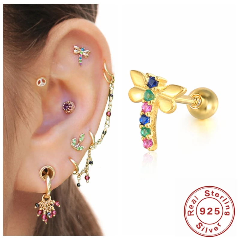 

Aide 2021 Trend Earring 925 Sterling Silver Gold Shiny Rainbow Crystal Zircon Dragonfly Stud Earrings for Women Fine Jewelry