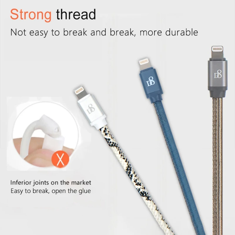 

Data Cables D8 MFI Certified Apple Data Cable Leather Woven Fast Charging Power Cord # Pearl Gold 1 Meter