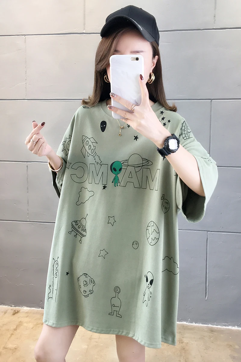 

Oversized Mid-Length Women's T-shirt Preppy Style Girl Summer Casual Short Sleeve Cotton Tees Loose Alien ET Printed Tshirt