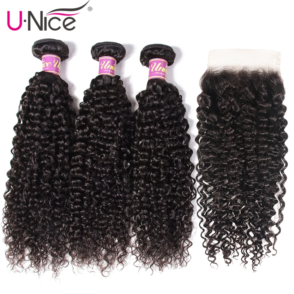 UNICE Hair Curly Bundles With 5X5 Closure Brazilian Weave 4pcs Remy Human 3 | Шиньоны и парики