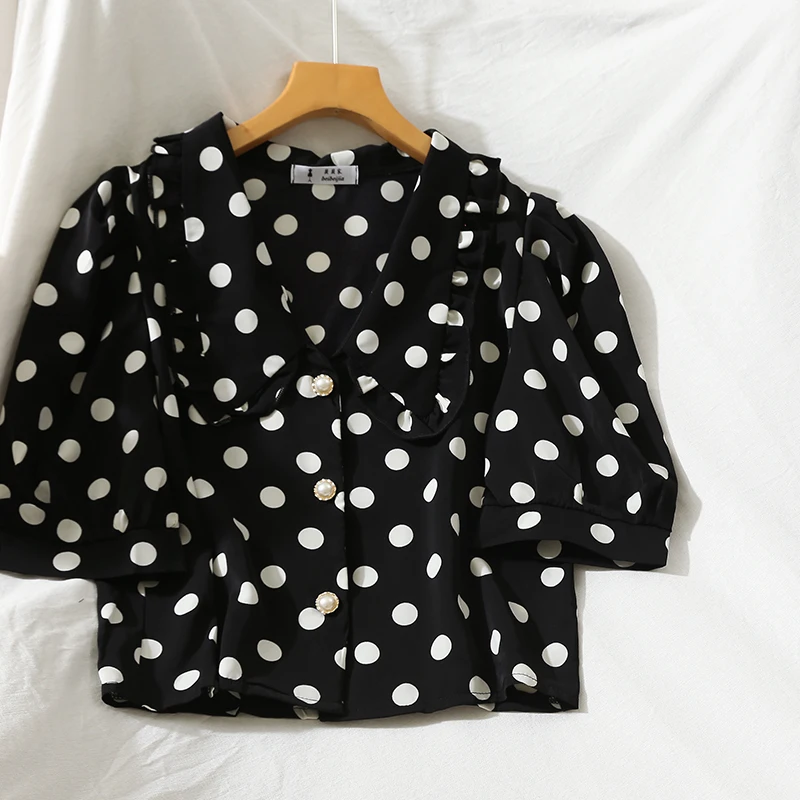 

Retro Puff Sleeve Chiffon Shirts New Summer Female Sweet Polka Dot Loose Blouse Students Casual Tops