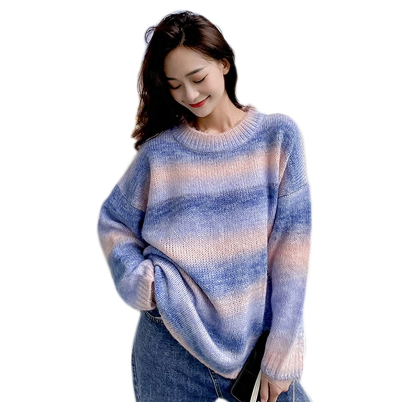 

K3NF Women Long Sleeve Sweater Gradient Rainbow Striped Jumper Oversized Knitwear Top