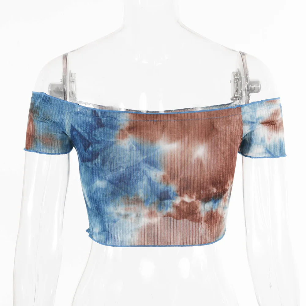 

Women's Tie Dye Short T-Shirt Summer Slim Slash Neck Short Sleeve Crop Tops Ropa Mujer Baby Tops