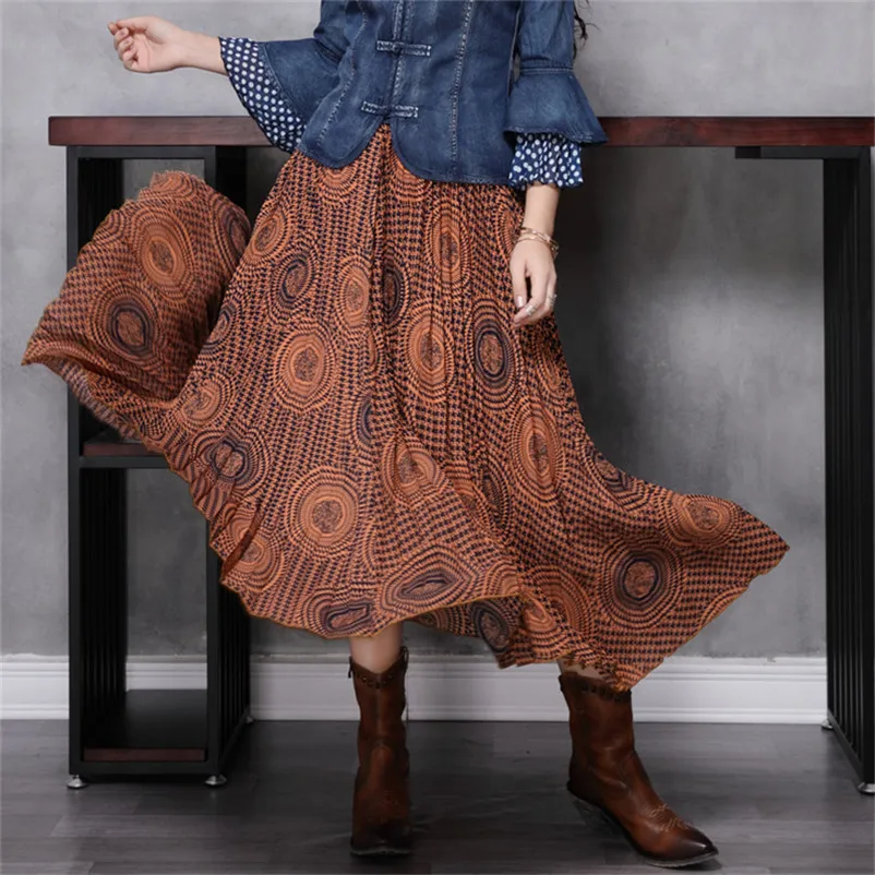 

Women's Printed Chiffon Skirt 2020 Summer A line Skirt Swing Hem Long Blue Saia Feminina High Quality Woman Vintage Skirts