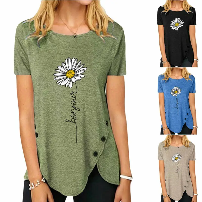 

Womens T-Shirt Irregular Button Short Sleeve Round Neck Print Summer Casual Tops